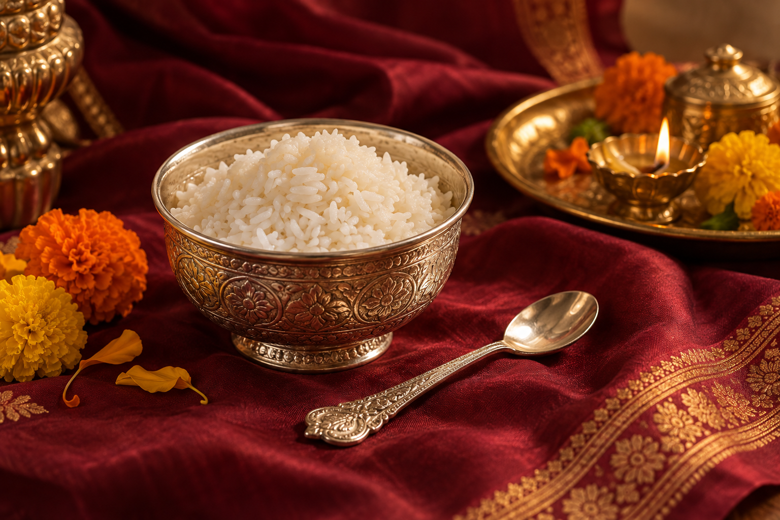 Silver rice bowl and spoon with marigolds on burgundy silk